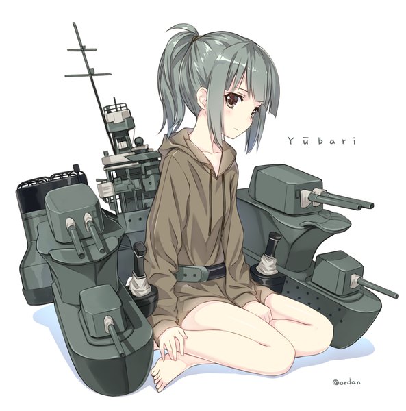 Anime picture 1000x1013 with kantai collection yuubari light cruiser orda single tall image looking at viewer blush short hair simple background white background sitting brown eyes signed ponytail barefoot grey hair bare legs character names girl weapon