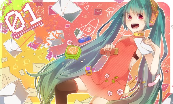Anime picture 1074x649 with vocaloid hatsune miku itamidome single long hair open mouth red eyes wide image twintails aqua hair girl headphones letter