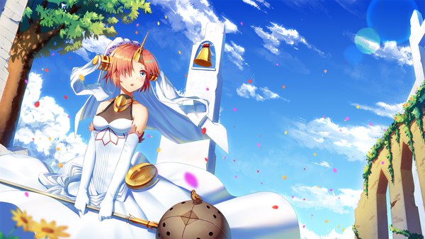 Anime picture 1920x1080 with fate (series) fate/apocrypha frankenstein's monster (fate) ji dao ji single blush fringe highres short hair open mouth blue eyes wide image holding looking away pink hair sky cloud (clouds) outdoors horn (horns) blurry