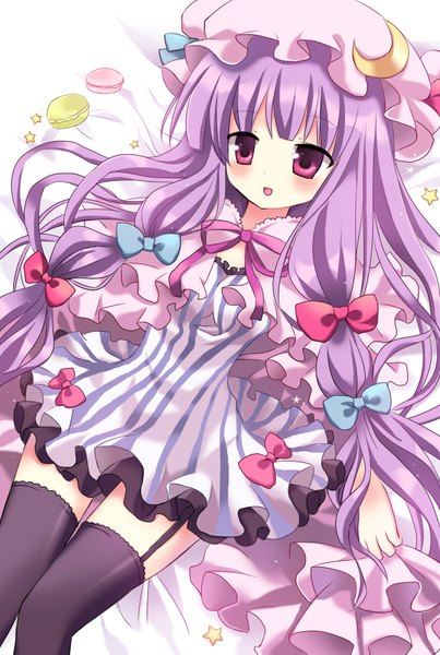 Anime picture 1186x1765 with touhou patchouli knowledge mayo (miyusa) single long hair tall image blush open mouth purple eyes purple hair lying girl thighhighs dress bow black thighhighs hair bow star (symbol) bonnet moon (symbol)