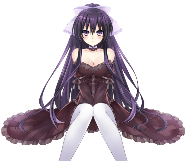 Anime picture 810x704 with date a live yatogami tooka single long hair looking at viewer blush fringe breasts sitting purple eyes bare shoulders cleavage purple hair parted lips between legs knees touching girl dress gloves ribbon (ribbons)