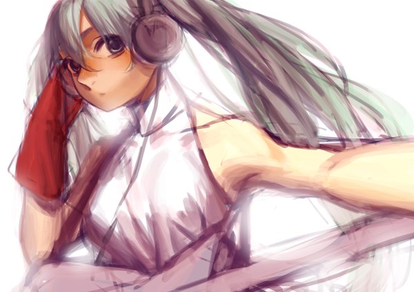 Anime picture 1500x1060 with vocaloid hatsune miku 569 (artist) single long hair simple background white background twintails bare shoulders aqua eyes aqua hair girl gloves headphones wire (wires) guitar