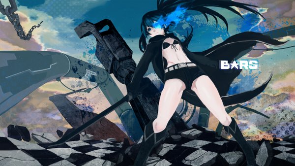 Anime picture 2560x1440 with black rock shooter black rock shooter (character) maniax graphix long hair highres blue eyes black hair wide image twintails glowing glowing eye (eyes) ruins girl navel weapon sword shorts katana bikini top