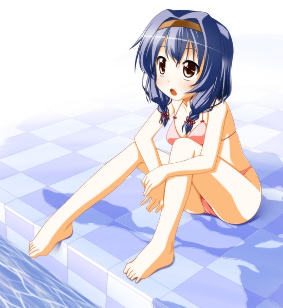 Anime picture 1837x2000 with yuru yuri doga kobo furutani himawari shizuku-mahoroba single long hair tall image blush highres open mouth sitting brown eyes blue hair barefoot girl swimsuit hairband