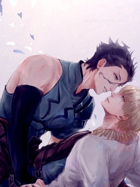 Anime picture 600x800 with fate (series) fate/zero gilgamesh (fate) diarmuid ua duibhne (lancer) (fate) saryo tall image short hair black hair blonde hair bare shoulders parted lips profile grey background mole multiple boys mole under eye face to face shounen ai almost kiss boy