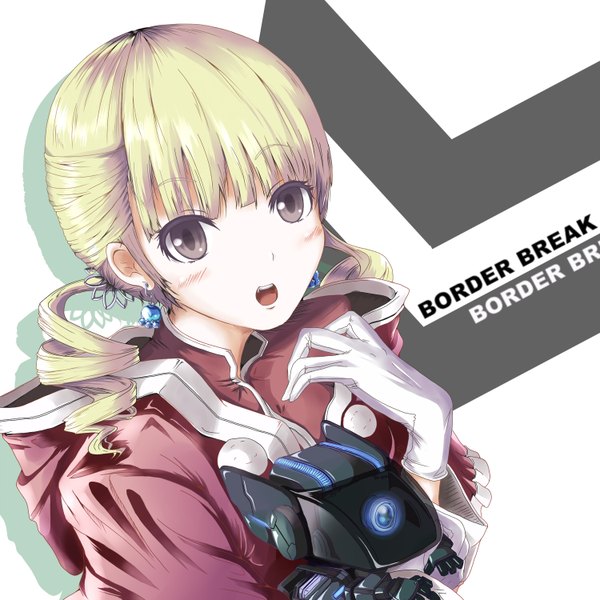 Anime picture 1500x1500 with original kuroneko-w-b single looking at viewer blush open mouth blonde hair brown eyes drill hair girl gloves earrings jacket robot