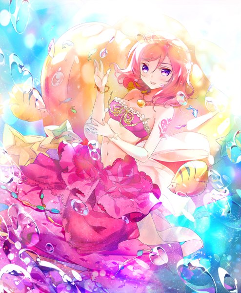 Anime picture 1070x1300 with love live! school idol project sunrise (studio) love live! nishikino maki heco (mama) single tall image looking at viewer blush short hair open mouth purple eyes pink hair tattoo underwater girl navel animal choker jewelry