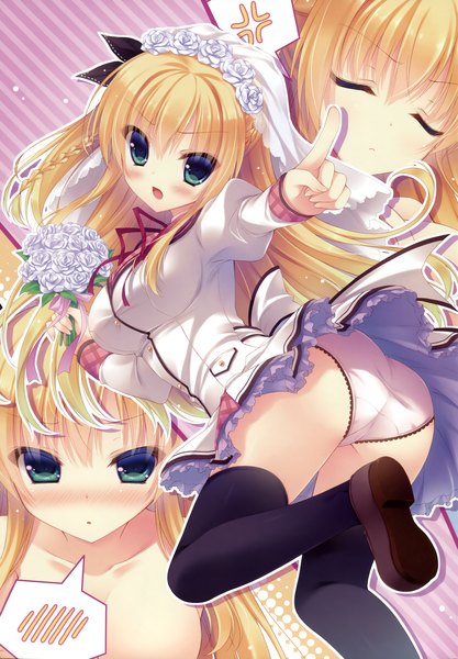 Anime picture 2502x3600 with yukie (peach candy) long hair tall image looking at viewer blush highres open mouth blue eyes light erotic blonde hair ass scan wedding girl thighhighs uniform underwear panties flower (flowers) black thighhighs