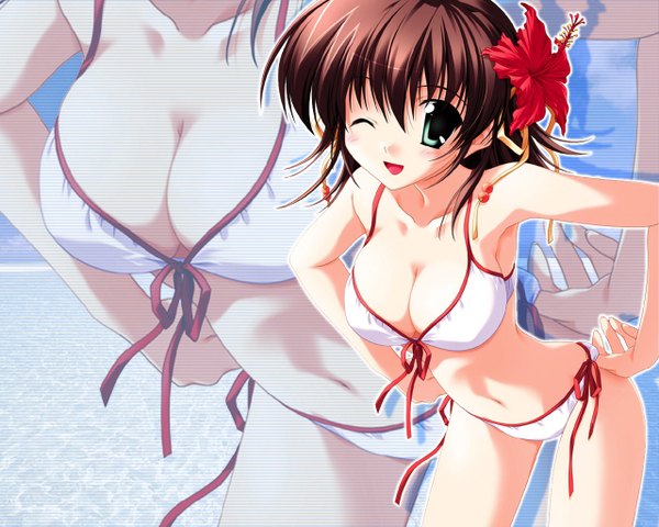 Anime picture 1280x1024 with ef shaft (studio) miyamura miyako nanao naru single looking at viewer blush short hair breasts open mouth light erotic brown hair green eyes one eye closed hair flower wink zoom layer hands on hips girl flower (flowers)