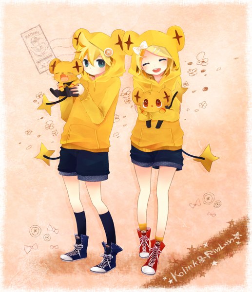 Anime picture 1150x1334 with vocaloid kagamine rin kagamine len potako (artist) tall image looking at viewer open mouth blonde hair smile animal ears eyes closed girl boy hair ornament bow hair bow shorts hairclip hood sneakers