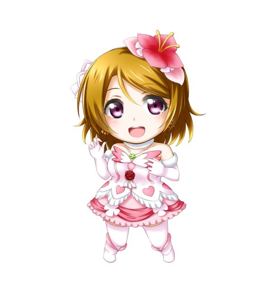 Anime picture 1303x1405 with love live! school idol project sunrise (studio) love live! koizumi hanayo kuena single tall image looking at viewer short hair open mouth simple background blonde hair white background purple eyes hair flower chibi girl dress gloves flower (flowers)