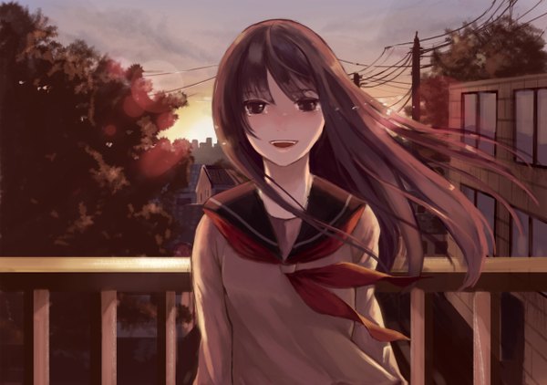 Anime picture 2480x1748 with original single long hair blush highres open mouth smile brown hair cloud (clouds) sunlight tears evening sunset cityscape weightlessness girl uniform plant (plants) school uniform tree (trees)