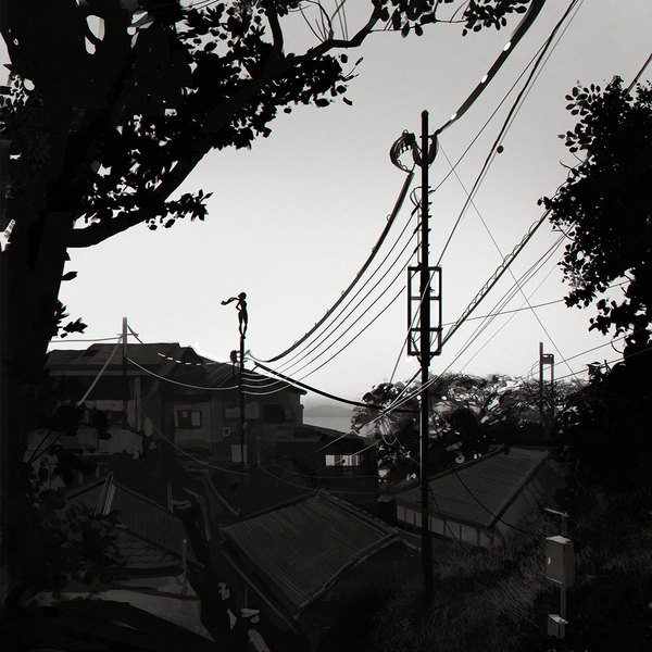 Anime picture 1080x1080 with original ilya kuvshinov short hair black hair standing sky from above wind city monochrome girl plant (plants) tree (trees) window scarf building (buildings) power lines roof