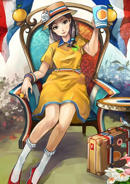 Anime picture 800x1131 with original orangina shigureteki long hair tall image looking at viewer holding light smile flag print girl dress flower (flowers) hat animal socks shoes bracelet belt bird (birds) rose (roses)