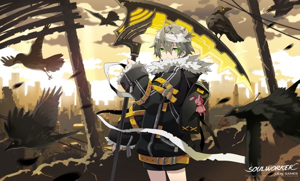 Anime picture 4300x2600 with soul worker lily bloomerchen tagme (artist) single looking at viewer highres short hair wide image green eyes absurdres sky cloud (clouds) ahoge grey hair inscription official art copyright name city evening boy