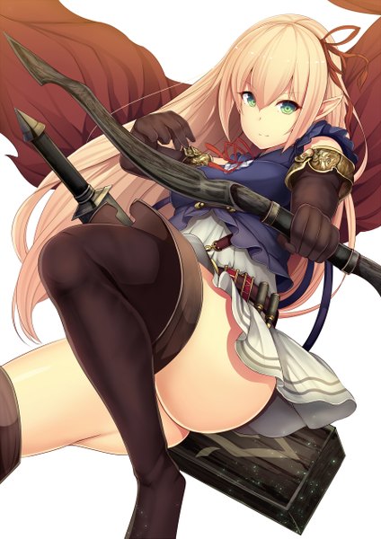 Anime picture 900x1273 with daiaru single long hair tall image looking at viewer light erotic blonde hair green eyes pointy ears girl thighhighs gloves weapon black thighhighs black gloves elbow gloves bow (weapon)