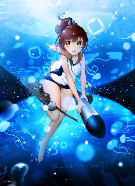 Anime picture 1332x1828 with kantai collection i-401 aircraft carrying submarine yamano (yamanoh) single long hair tall image looking at viewer blush fringe open mouth brown hair bare shoulders holding yellow eyes bent knee (knees) ponytail barefoot bare legs sparkle no shoes