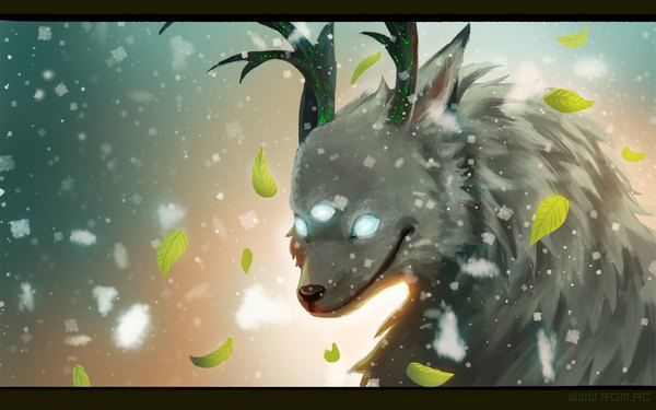 Anime picture 1920x1200 with romantically apocalyptic alexiuss luna133 highres wide image horn (horns) wind glowing snowing letterboxed close-up glowing eye (eyes) no people animal leaf (leaves)