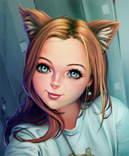 Anime picture 884x1071 with original nikita varb single long hair tall image looking at viewer blue eyes brown hair animal ears lips cat ears realistic girl earrings