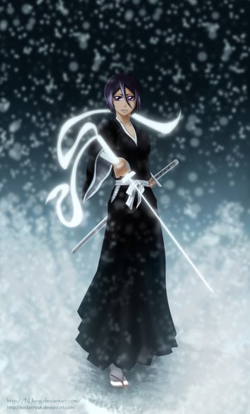 Anime picture 900x1487 with bleach studio pierrot kuchiki rukia natilokijung single tall image looking at viewer short hair smile purple eyes holding purple hair traditional clothes japanese clothes coloring snowing winter snow dual wielding girl