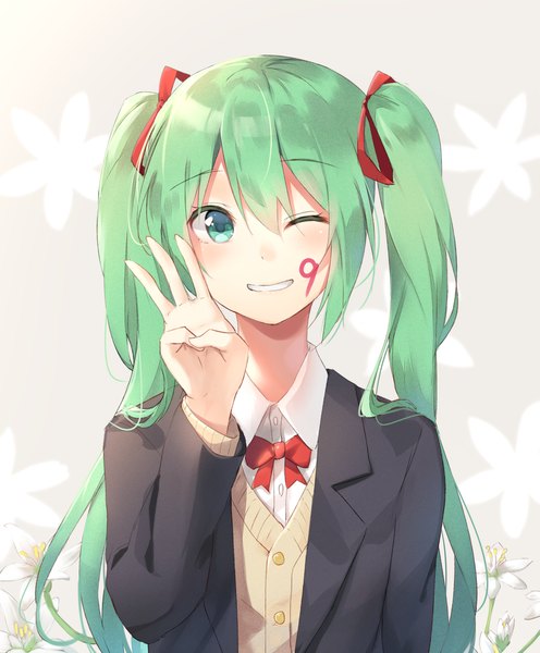 Anime picture 2149x2600 with vocaloid hatsune miku alexmaster single long hair tall image looking at viewer blush highres smile twintails one eye closed aqua eyes green hair wink body writing girl uniform school uniform