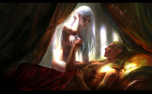 Anime picture 1100x683 with dragon age (game) original zevran arainai anndr (artist) long hair breasts light erotic blonde hair wide image sitting white hair lying braid (braids) lips pointy ears realistic couple adjusting hair muscle hair over breasts