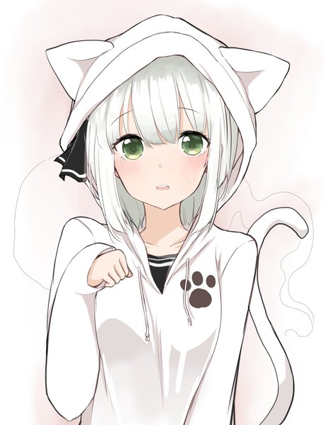 Anime picture 1495x1962 with touhou konpaku youmu myon saple single tall image looking at viewer blush fringe short hair open mouth simple background hair between eyes green eyes animal ears payot white hair tail parted lips animal tail