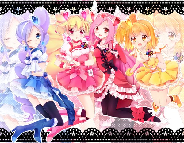 Anime picture 2000x1555 with precure fresh precure! toei animation higashi setsuna momozono love yamabuki inori cure peach cure passion aono miki cure pine cure berry uzuki aki long hair looking at viewer blush highres open mouth blue eyes blonde hair red eyes