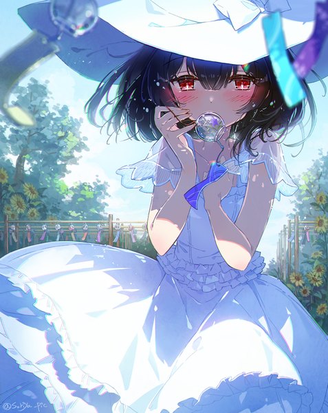Anime picture 930x1171 with idolmaster idolmaster shiny colors morino rinze natsu (759aqsw) single tall image looking at viewer blush fringe short hair black hair hair between eyes red eyes outdoors embarrassed girl dress hat white dress wind chime