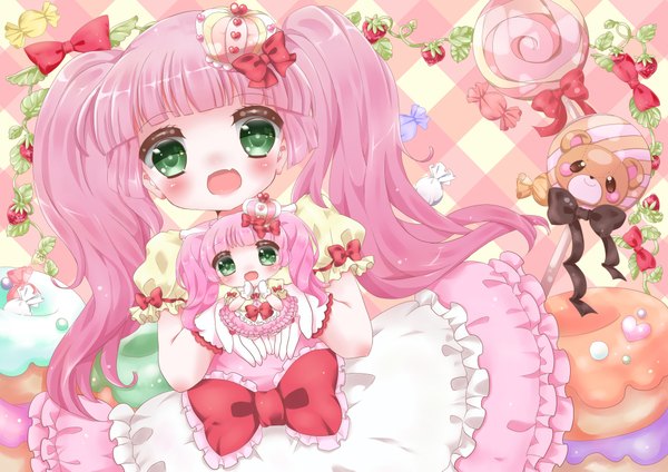 Anime picture 4092x2893 with original usagi moe long hair looking at viewer blush highres open mouth twintails green eyes pink hair absurdres loli lolita fashion girl dress gloves bow food sweets crown