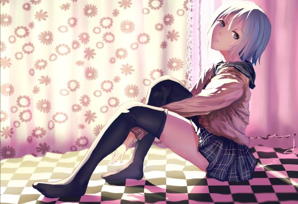 Anime picture 1270x870 with original vocaloid vocaloid china yan he zha tang tang yu single looking at viewer blush short hair blue eyes sitting blue hair no shoes between legs girl thighhighs skirt uniform black thighhighs serafuku