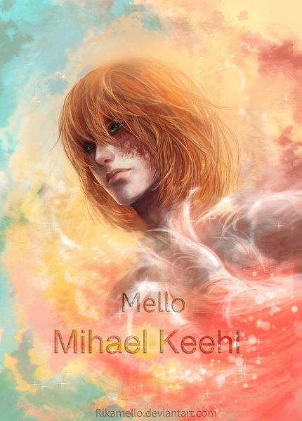 Anime picture 2761x3856 with death note madhouse mello (mihael keehl) rikamello single tall image highres short hair green eyes sky cloud (clouds) lips orange hair realistic inscription from below boy animal bird (birds) blood