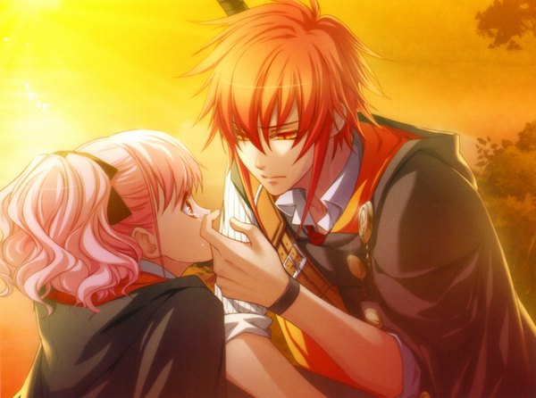 Anime picture 3359x2497 with wand of fortune wand of fortune 2 idea factory lulu (wand of fortune) lagi el nagil highres short hair red eyes pink hair absurdres red hair couple tears evening sunset girl boy teardrop