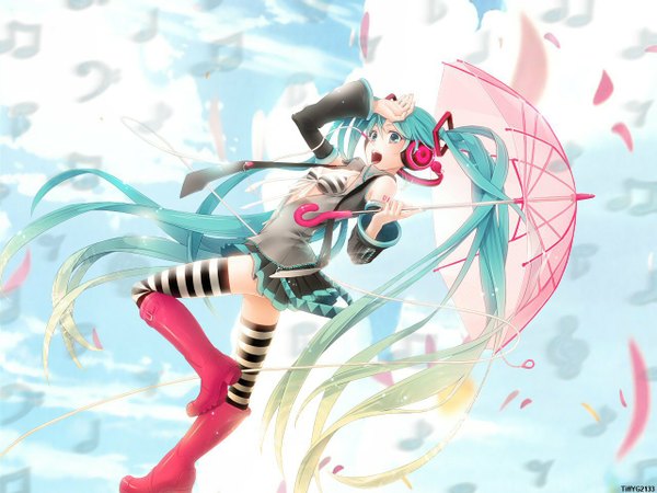 Anime picture 1280x960 with vocaloid hatsune miku blush open mouth standing twintails sky cloud (clouds) very long hair pleated skirt multicolored hair green hair wind aqua hair grey eyes zettai ryouiki cherry blossoms standing on one leg gradient hair arched back