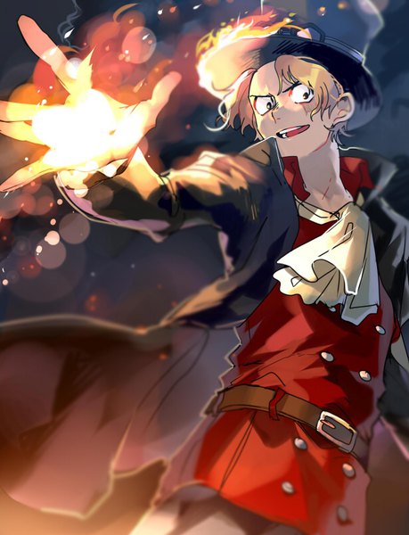Anime picture 613x802 with one piece toei animation sabo (one piece) kyouichi single tall image short hair open mouth blonde hair looking away outstretched arm scar boy hat belt cloak buttons mini hat ascot flame