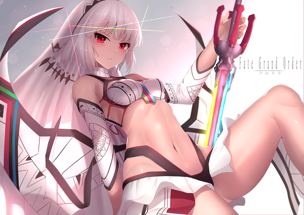 Anime picture 1181x835 with fate (series) fate/grand order fate/extra fate/extella altera (fate) bu li single looking at viewer blush fringe short hair light erotic red eyes white background sitting bare shoulders holding bent knee (knees) white hair blunt bangs