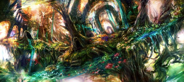 Anime picture 1200x540 with original 317/miiina (pixiv) wide image reflection no people scenic nature plant (plants) petals tree (trees) water forest arch