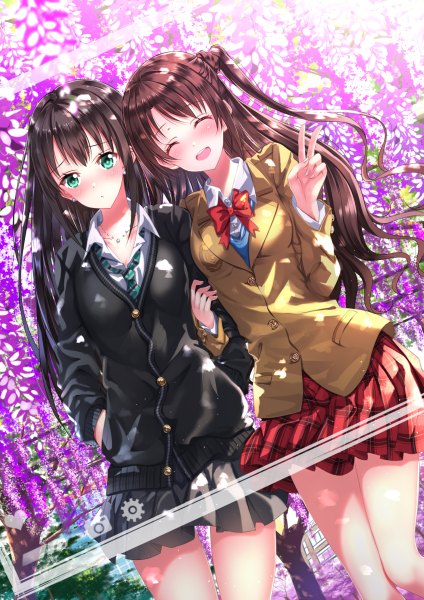 Anime picture 848x1200 with idolmaster idolmaster cinderella girls shibuya rin shimamura uzuki swordsouls long hair tall image looking at viewer blush fringe open mouth black hair brown hair standing multiple girls eyes closed pleated skirt aqua eyes wind sunlight