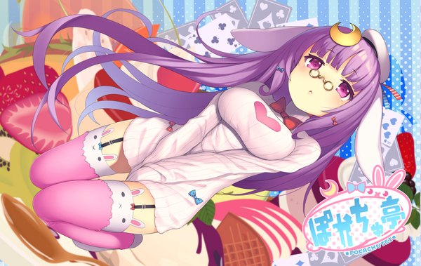 Anime picture 981x621 with touhou patchouli knowledge pokachu single looking at viewer blush breasts light erotic purple eyes animal ears purple hair very long hair girl thighhighs hair ornament glasses food sweets bowtie sweater dress