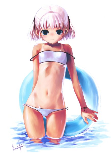 Anime picture 875x1200 with kawata hisashi single tall image looking at viewer blush short hair breasts blue eyes light erotic simple background smile white background bare shoulders signed pink hair bare belly flat chest tan tan lines girl