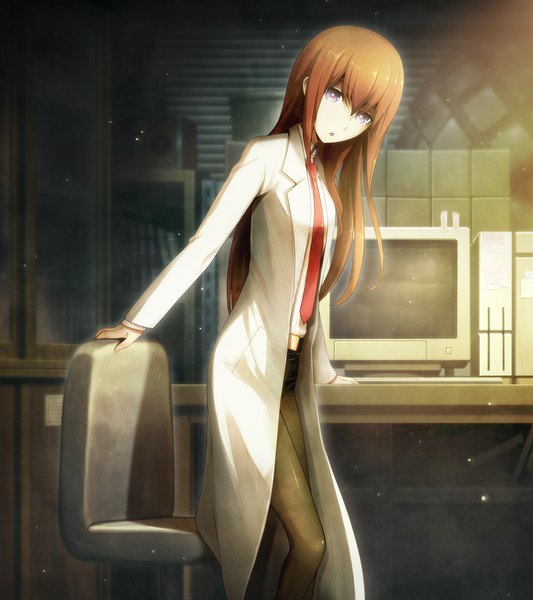 Anime picture 1920x2160 with steins;gate white fox makise kurisu huke single long hair tall image looking at viewer fringe highres hair between eyes brown hair standing purple eyes payot indoors head tilt official art :o sparkle