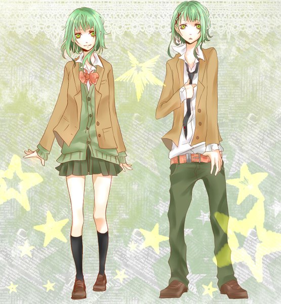 Anime picture 1250x1350 with vocaloid gumi gumo tagme (artist) tall image looking at viewer short hair smile standing green eyes full body green hair girl boy uniform hair ornament school uniform socks necktie star (symbol)