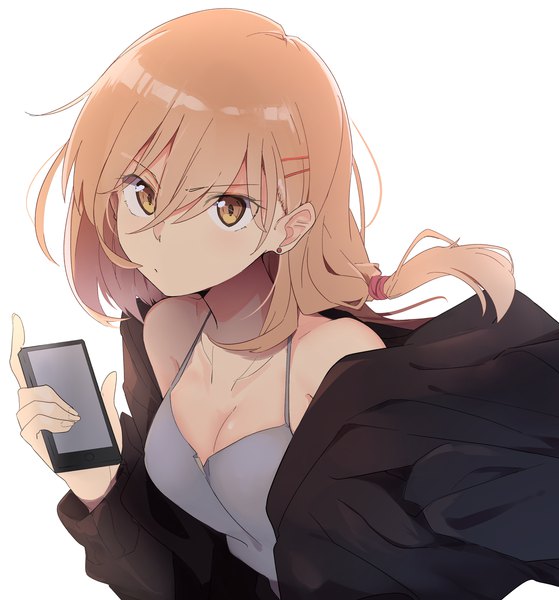Anime picture 2893x3107 with original kazenoko single long hair tall image looking at viewer fringe highres breasts simple background hair between eyes white background bare shoulders holding brown eyes cleavage upper body orange hair off shoulder open jacket