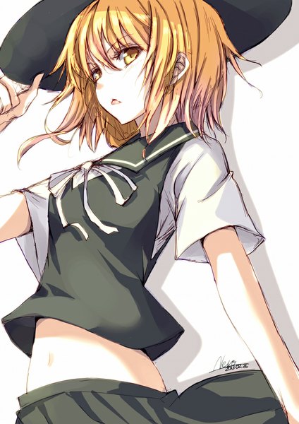 Anime picture 723x1024 with touhou yuki (touhou) kuroneko nero single tall image looking at viewer short hair simple background blonde hair white background signed yellow eyes bare belly shadow girl navel hat