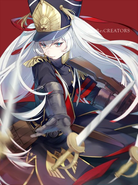 Anime picture 991x1322 with re:creators altair (re:creators) ekita xuan single long hair tall image looking at viewer fringe blue eyes simple background smile hair between eyes holding white hair long sleeves very long hair depth of field copyright name floating hair red background