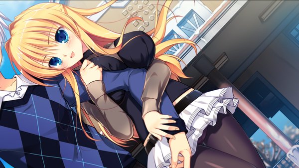 Anime picture 2560x1440 with manatsu no yoru no yuki monogatari kagamatsuri koromo mikeou long hair blush highres open mouth blue eyes blonde hair wide image game cg girl miniskirt