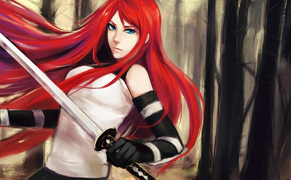 Anime picture 1000x620 with naruto studio pierrot naruto (series) uzumaki kushina single long hair looking at viewer blue eyes wide image red hair very long hair jinchuriki girl gloves weapon sword elbow gloves katana