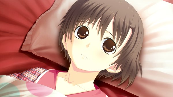 Anime picture 1024x576 with suigetsu 2 short hair brown hair wide image brown eyes game cg lying girl