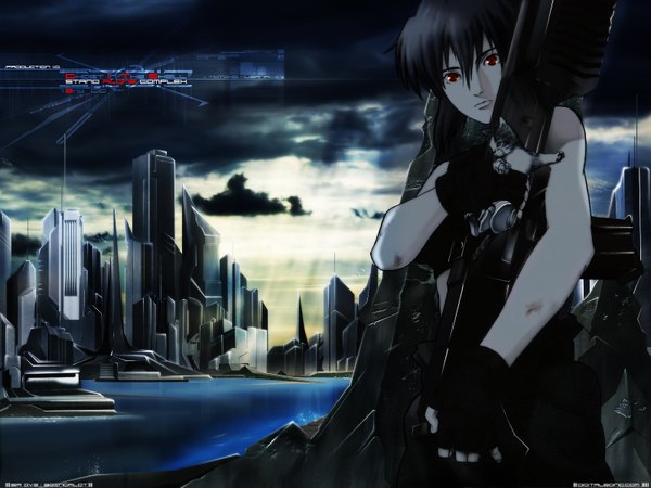 Anime picture 1600x1200 with ghost in the shell production i.g kusanagi motoko red eyes gun cat