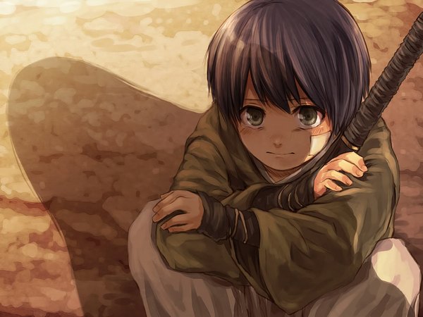 Anime picture 1024x768 with gintama sunrise (studio) takasugi shinsuke nuriko-kun (artist) short hair green eyes purple hair japanese clothes shadow squat sad boy sword armor katana child (children) scratch